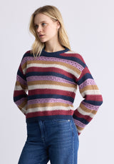 Buffalo David Bitton Wrenlee Women's Striped Openwork Knit Sweater, Beaujolais - SW0074F Color BEAUJOLAIS