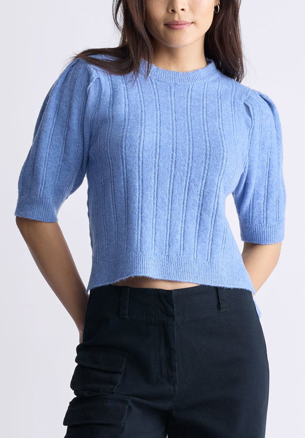 Buffalo David Bitton Jaxie Women's Elbow-Length Puff-Sleeve Knit Sweater, Heather Blue - SW0076F Color POWDER BLUE HTR