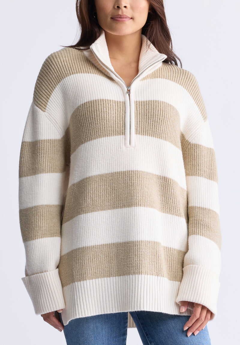 Storme Women's Striped Quarter-zip Oversized Sweater, Tan & White - SW0089H