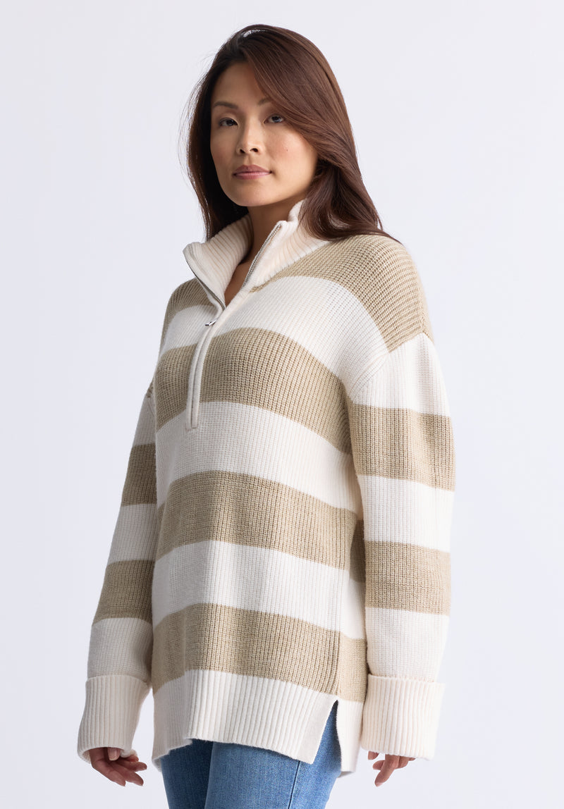 Storme Women's Striped Quarter-zip Oversized Sweater, Tan & White - SW0089H