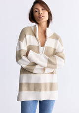 Storme Women's Striped Quarter-zip Oversized Sweater, Tan & White - SW0089H