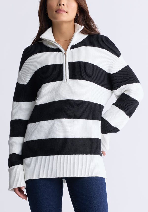 Storme Women's Striped Quarter-zip Oversized Sweater, Black & White - SW0089H