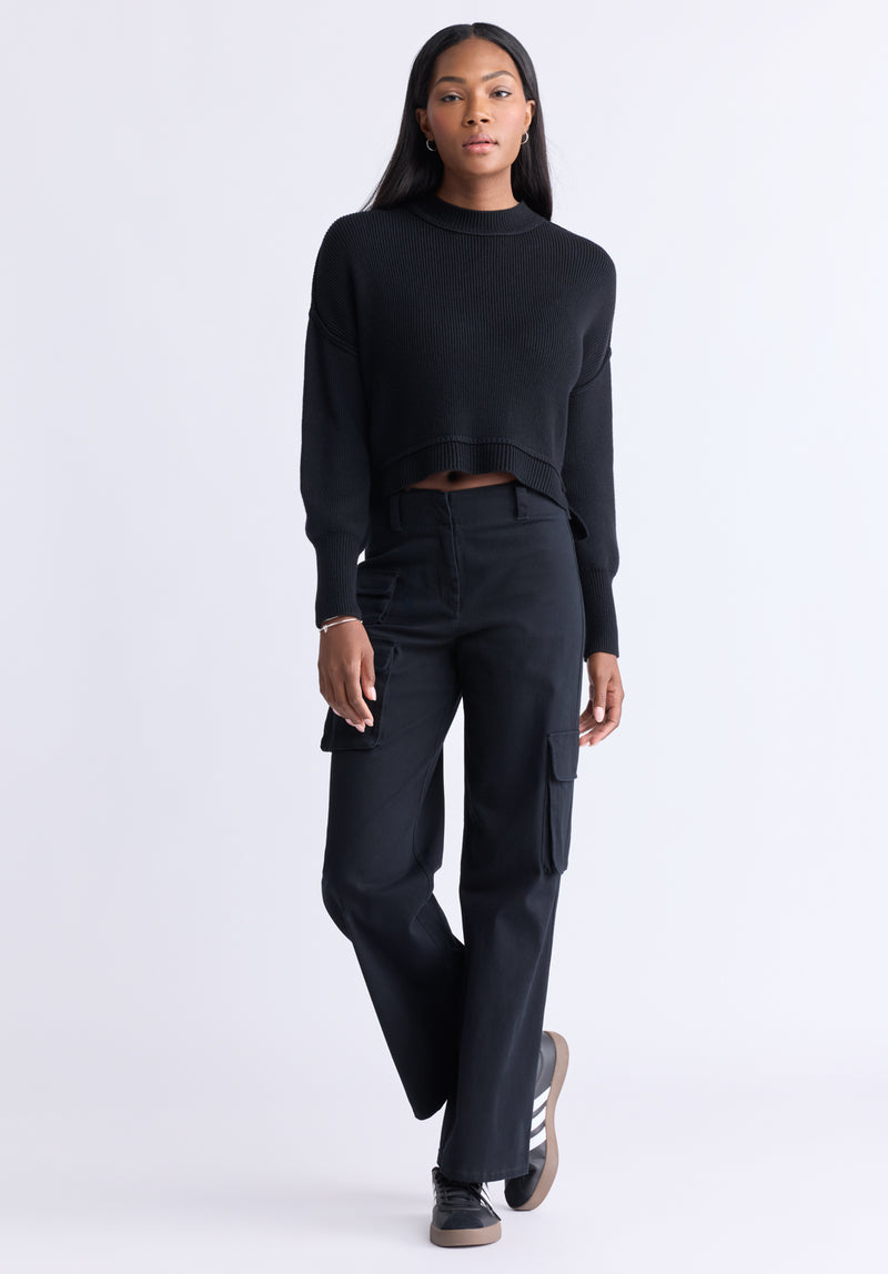 Seema Women’s Dropped Sleeve Cropped Sweater, Black - SW0095F