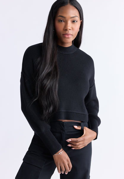 Seema Women’s Dropped Sleeve Cropped Sweater, Black - SW0095F