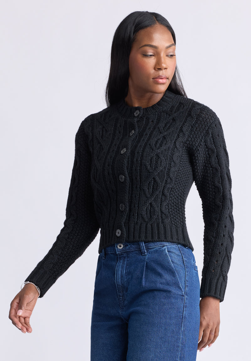 Temperance Women’s Cable-Knit Button-Up Cardigan, Black - SW0096F