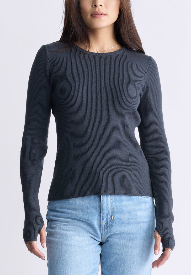 Buffalo David Bitton Zoella Women's Close-Fit Ribbed Sweater Top, Raven Grey - SW0098F Color RAVEN