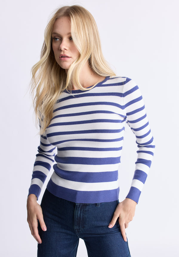 Buffalo David Bitton Scotlyn Women's Striped Long-Sleeve Sweater, White & blue - SW0103H