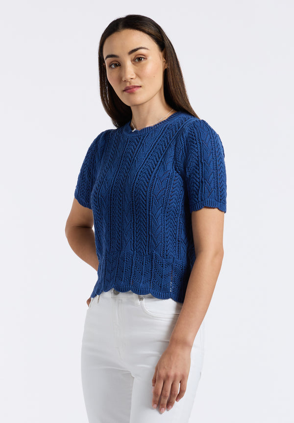 Posey Women's Short-Sleeve Crochet Knit Sweater Top, Navy - SW0108P