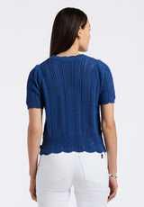 Posey Women's Short-Sleeve Crochet Knit Sweater Top, Navy - SW0108P