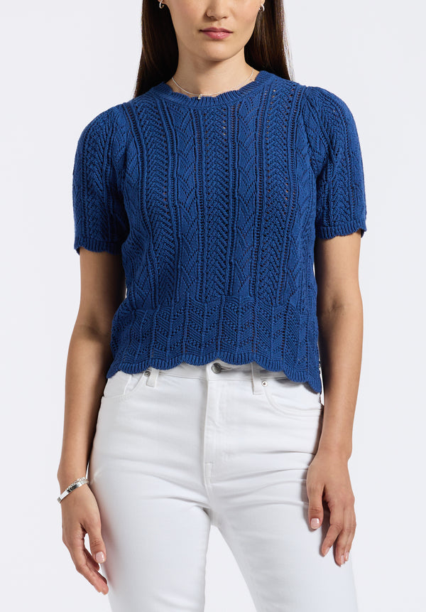 Posey Women's Short-Sleeve Crochet Knit Sweater Top, Navy - SW0108P