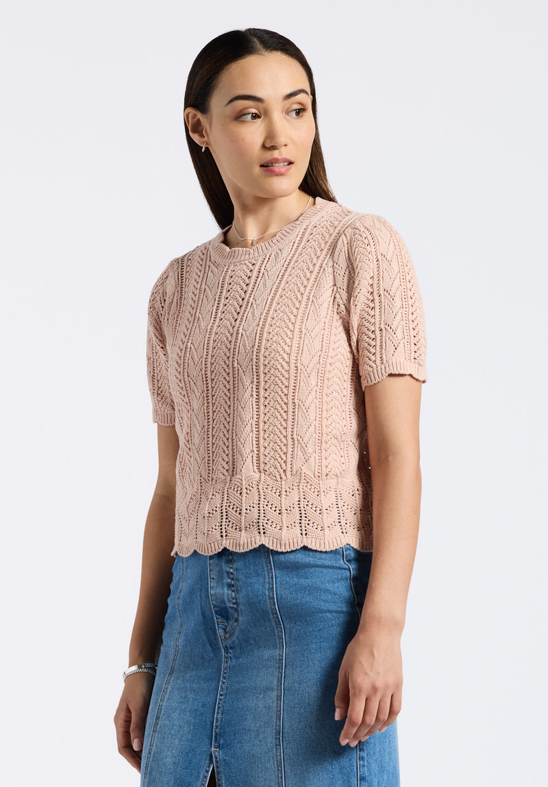 Posey Women's Short-Sleeve Crochet Knit Sweater Top, Cameo Rose - SW0108P