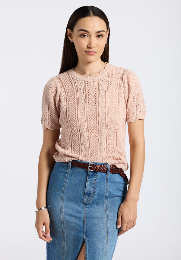 Posey Women's Short-Sleeve Crochet Knit Sweater Top, Cameo Rose - SW0108P