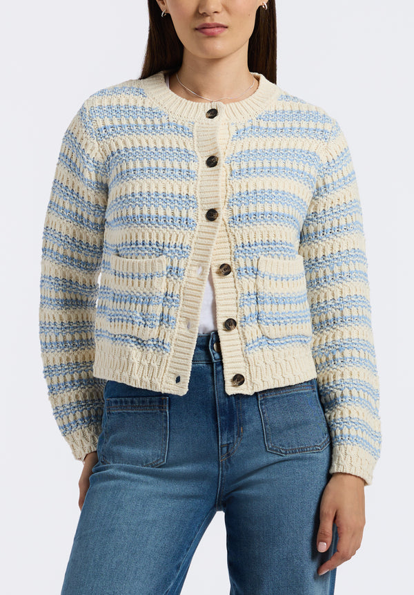 Amaranth Women's Striped Knit Cardigan with Front Pockets, Cloud & Blue - SW0113P