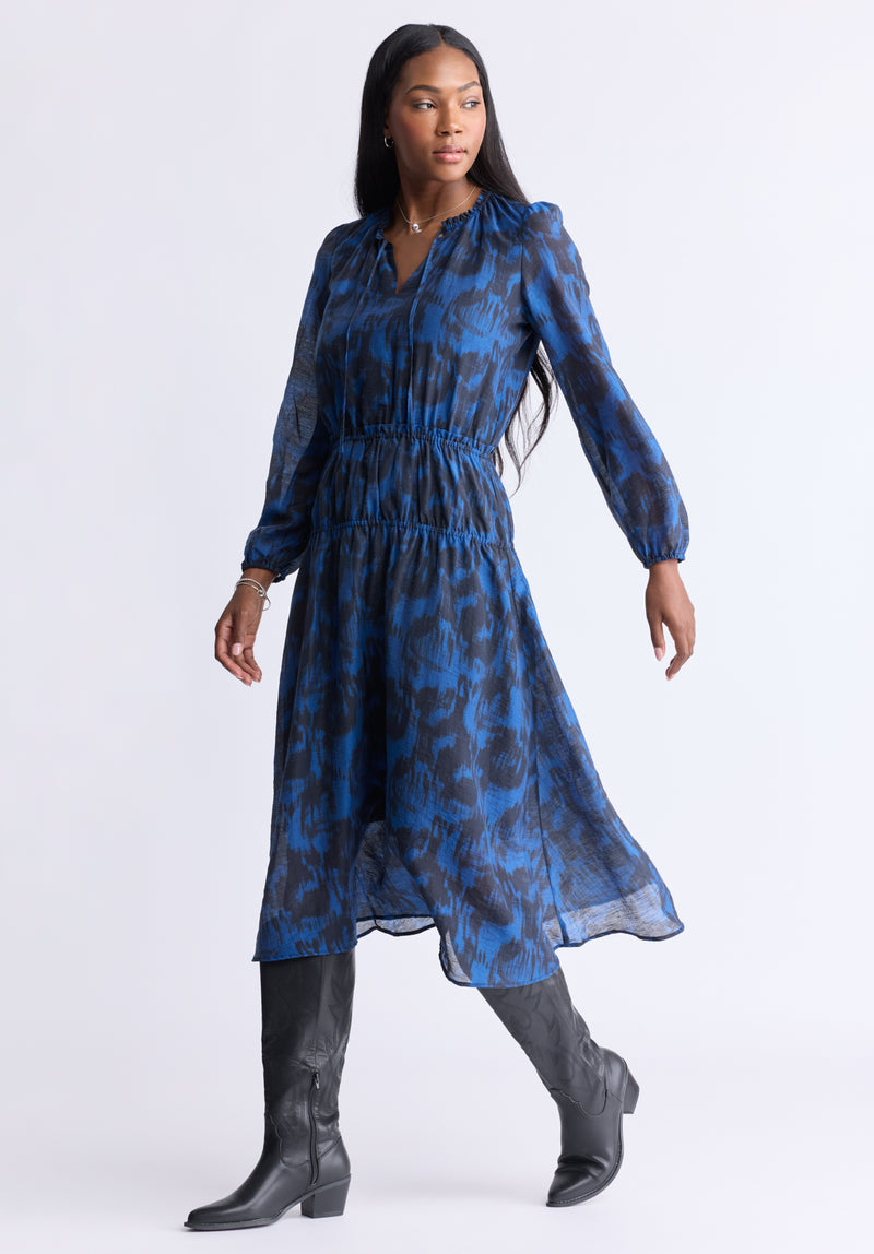 Virlen Women’s Long Sleeve Tie-neck Printed Midi Dress, Navy - WD0062F