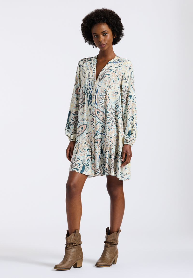 Darya Women's Boho-Print Long-Sleeve Mini Dress with Button Front and Tiered Hem, Paisley - WD0089P