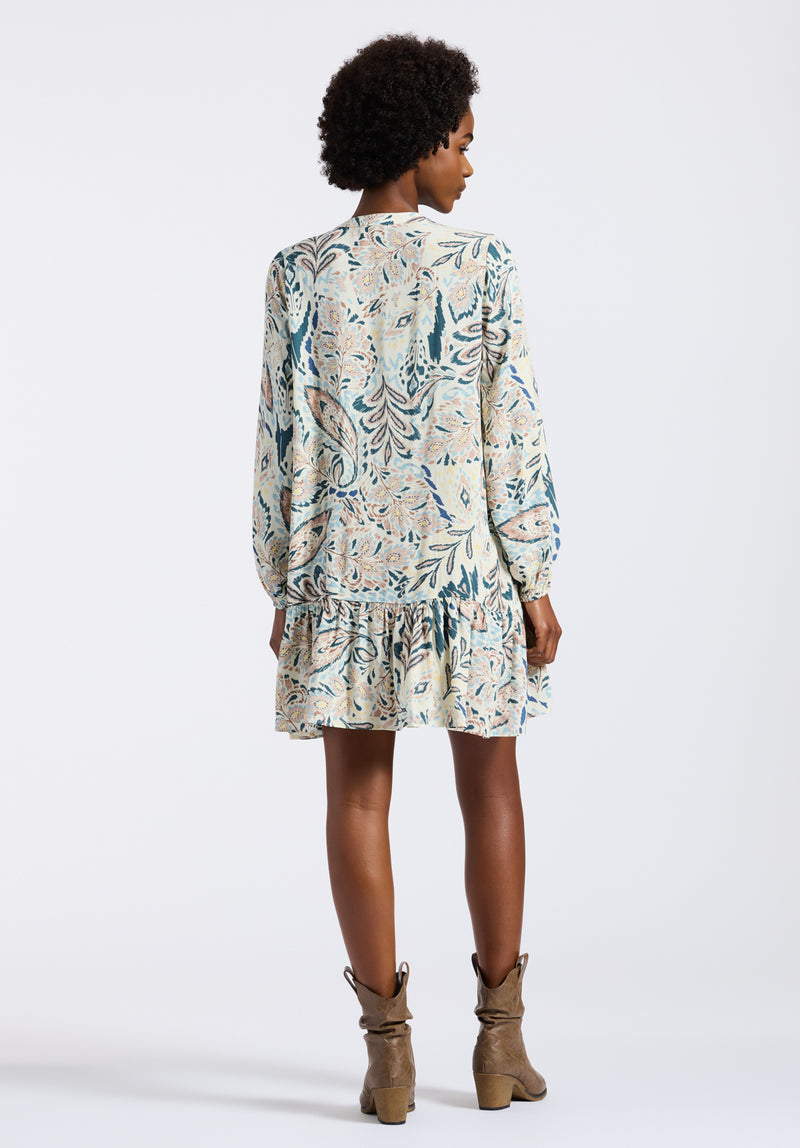 Darya Women's Boho-Print Long-Sleeve Mini Dress with Button Front and Tiered Hem, Paisley - WD0089P