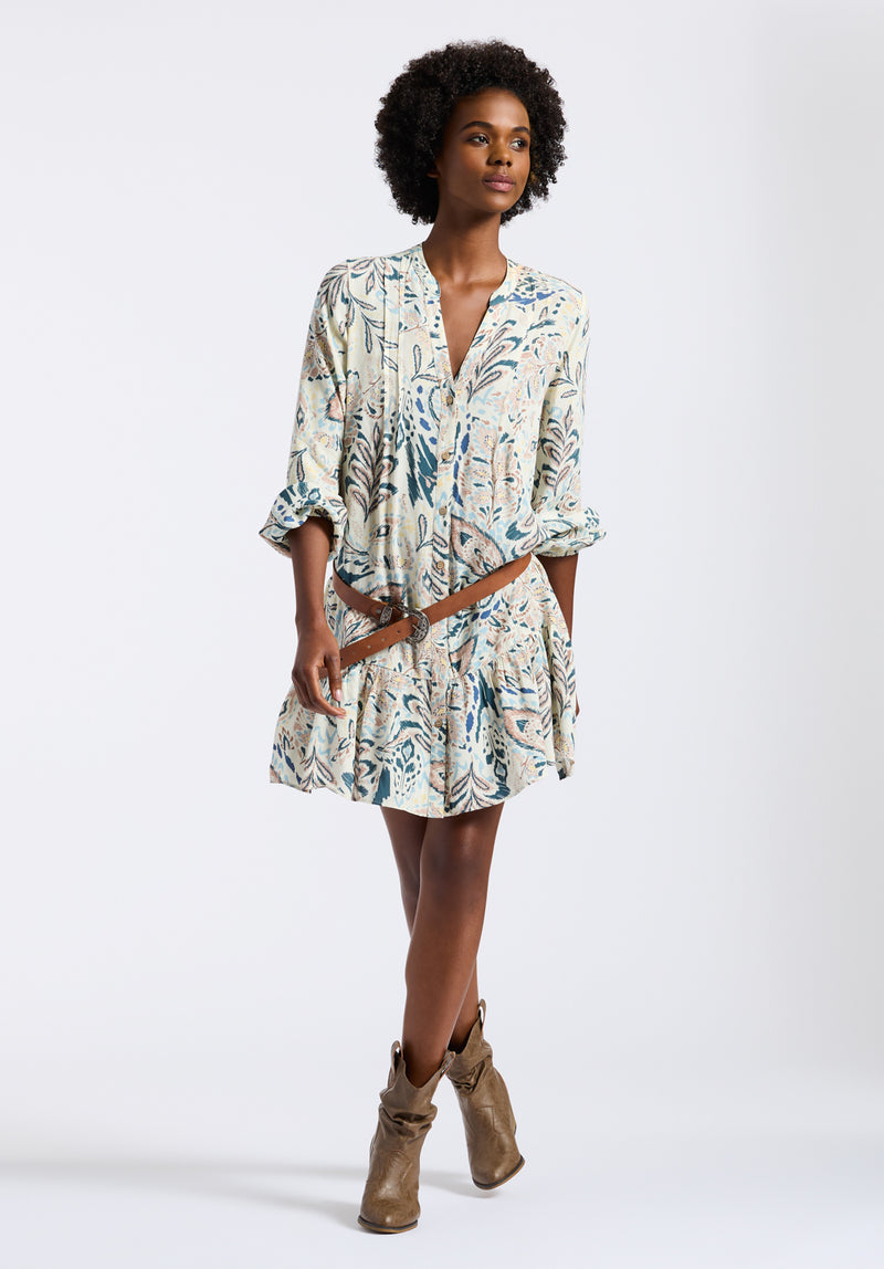 Darya Women's Boho-Print Long-Sleeve Mini Dress with Button Front and Tiered Hem, Paisley - WD0089P