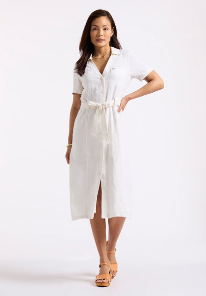 Carlene Women's Button-Down Midi Dress with Waist Tie, White - WD0092P