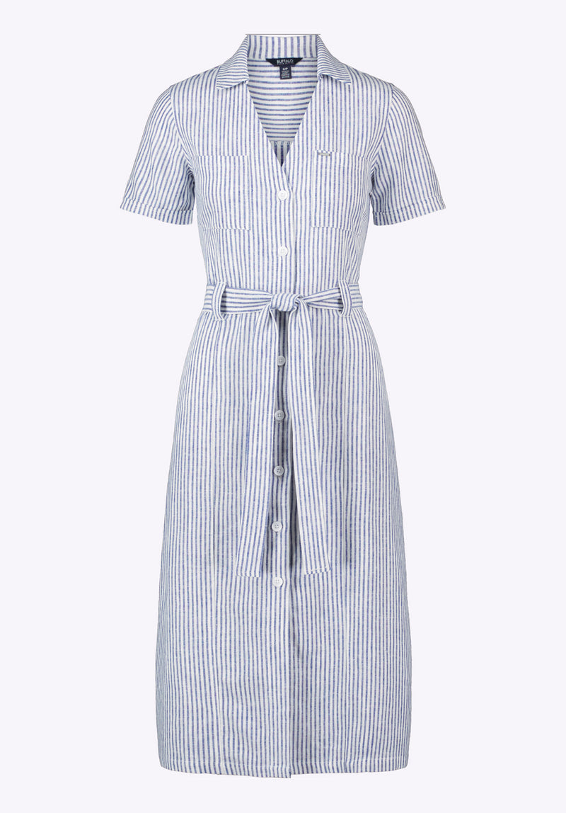 Carlene Women's Striped Button-Down Midi Dress with Waist Tie, Navy - WD0105P