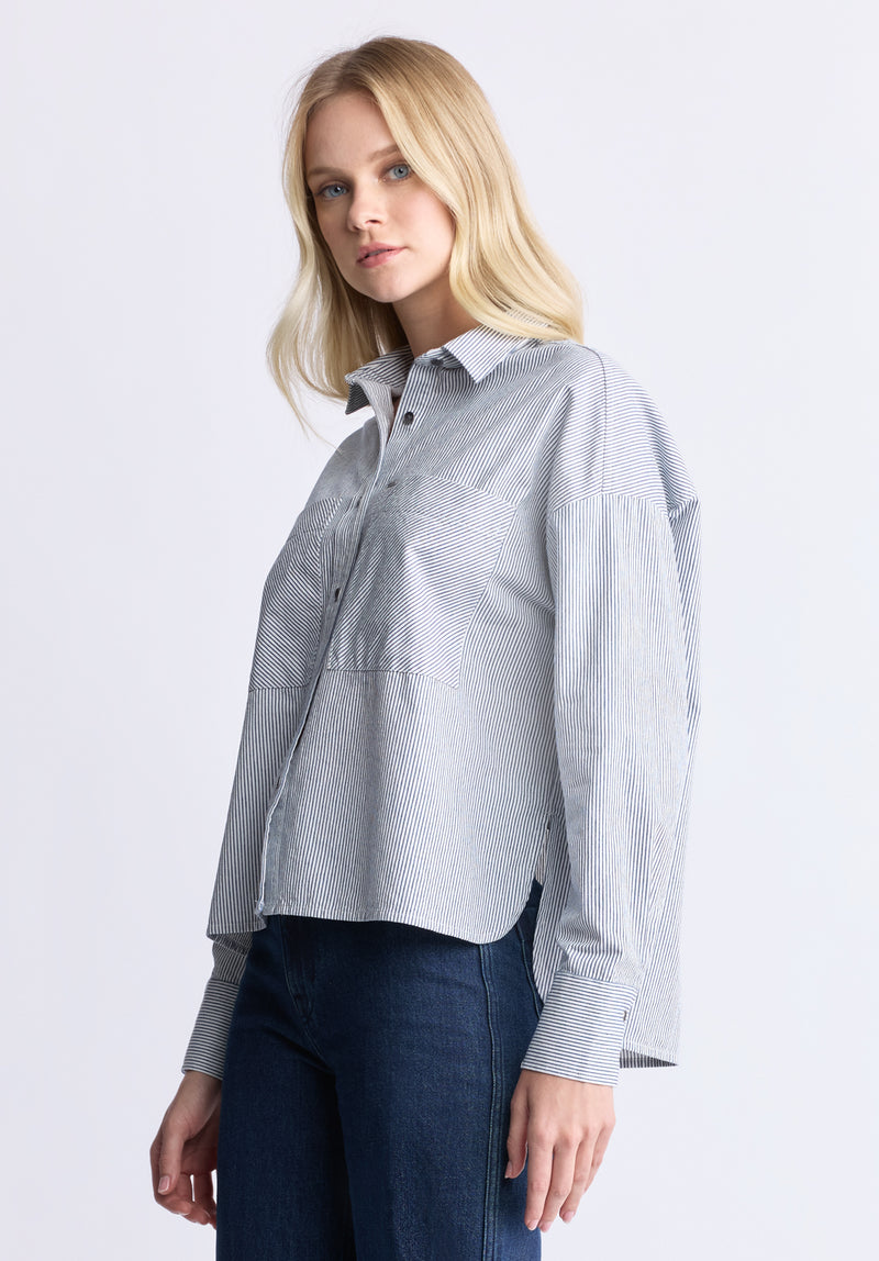 Buffalo David Bitton Twyla Women's Boxy Striped Button-Up Shirt, Whale & white - WT0084H