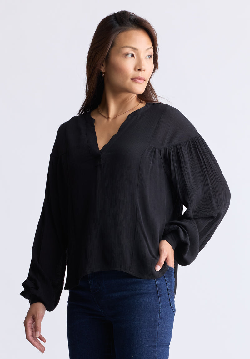 Kensley Women’s Dropped Shoulder V-neck Loose Blouse, Black - WT0119F