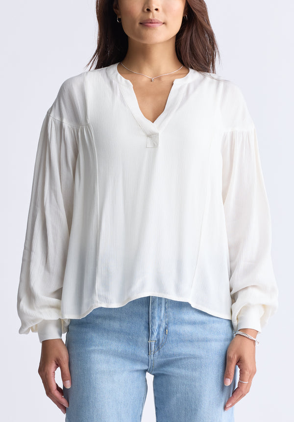 Kensley Women’s Dropped Shoulder V-neck Loose Blouse, White - WT0119F