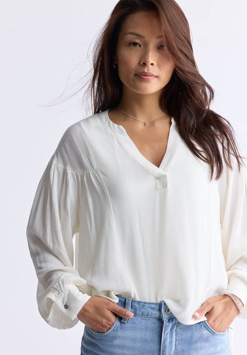 Kensley Women’s Dropped Shoulder V-neck Loose Blouse, White - WT0119F