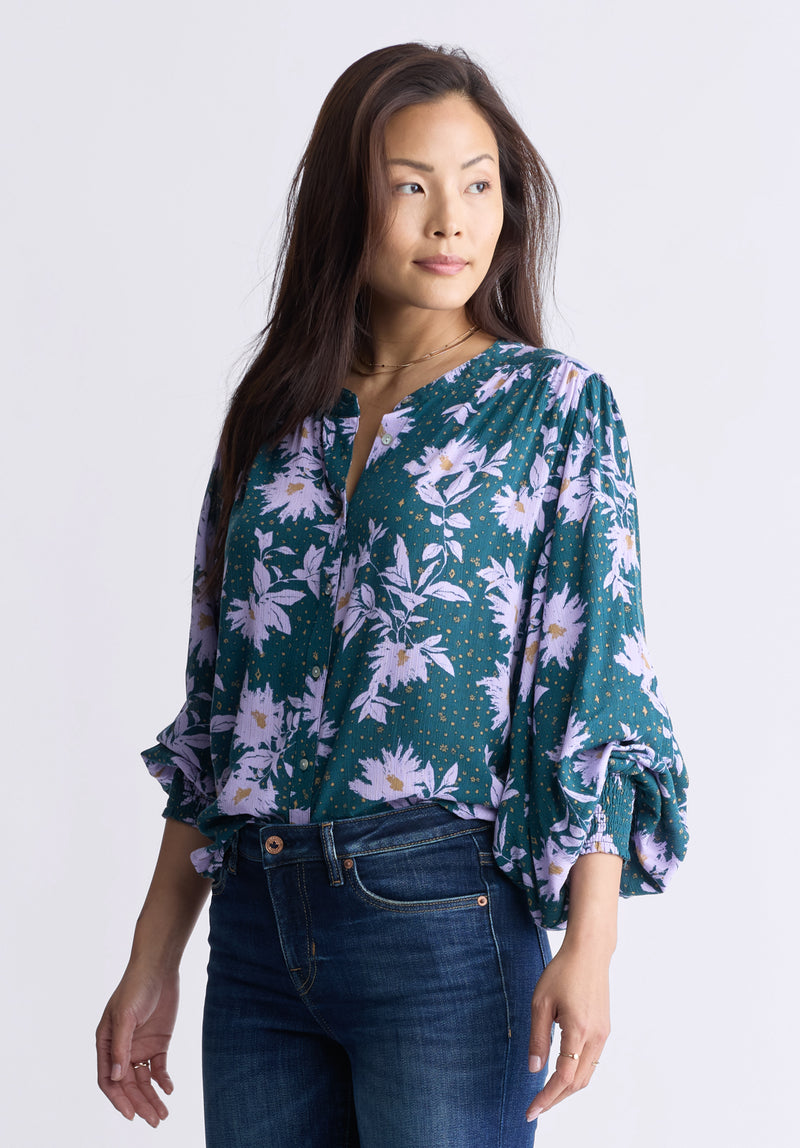 Buffalo David Bitton Ottilie Women's Long-Sleeved Blouse, Green with Purple Floral - WT0120F Color TEXTURED FLORAL