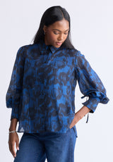 Hayley Women’s Abstract Print Button-Up Shirt, Navy & Black - WT0129H