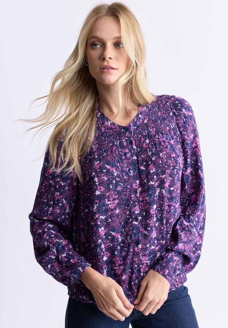 Buffalo David Bitton Zosia Women's Floral Print Smocked Blouse, Purple - WT0130H