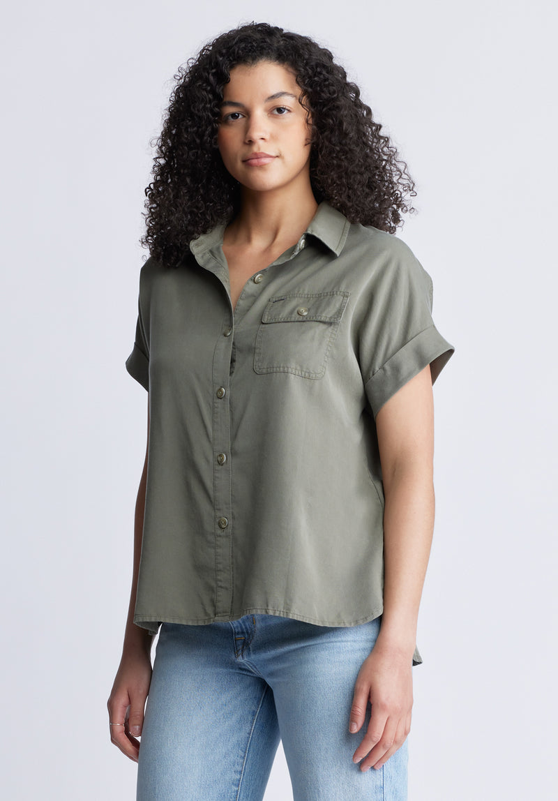 Buffalo David Bitton Milly Women's Short Sleeve Shirt, Khaki - WT0132S Color BURNT OLIVE