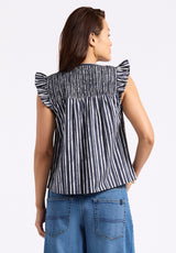 Alda Women's Striped Flutter-Sleeve Top with Smocked Details, Indigo - WT0157P