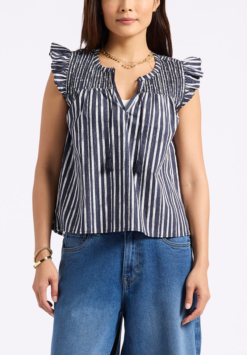 Alda Women's Striped Flutter-Sleeve Top with Smocked Details, Indigo - WT0157P