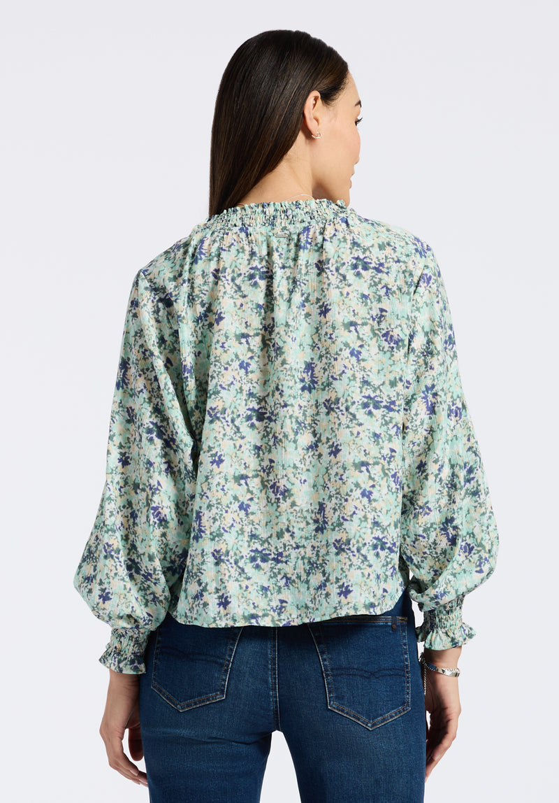 Maylah Women's Floral Print Long-Sleeve Smocked Blouse, Green Floral - WT0174P