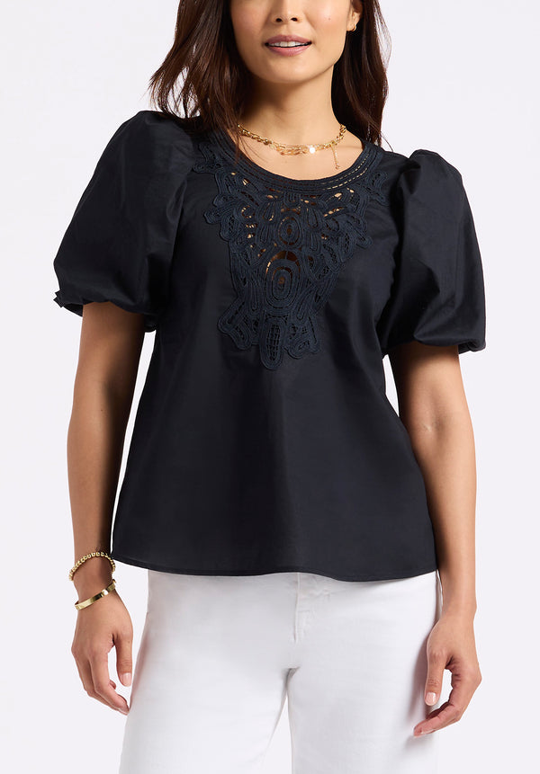 Leonella Women's Puff Sleeve Embroidered Blouse, Black - WT0204P