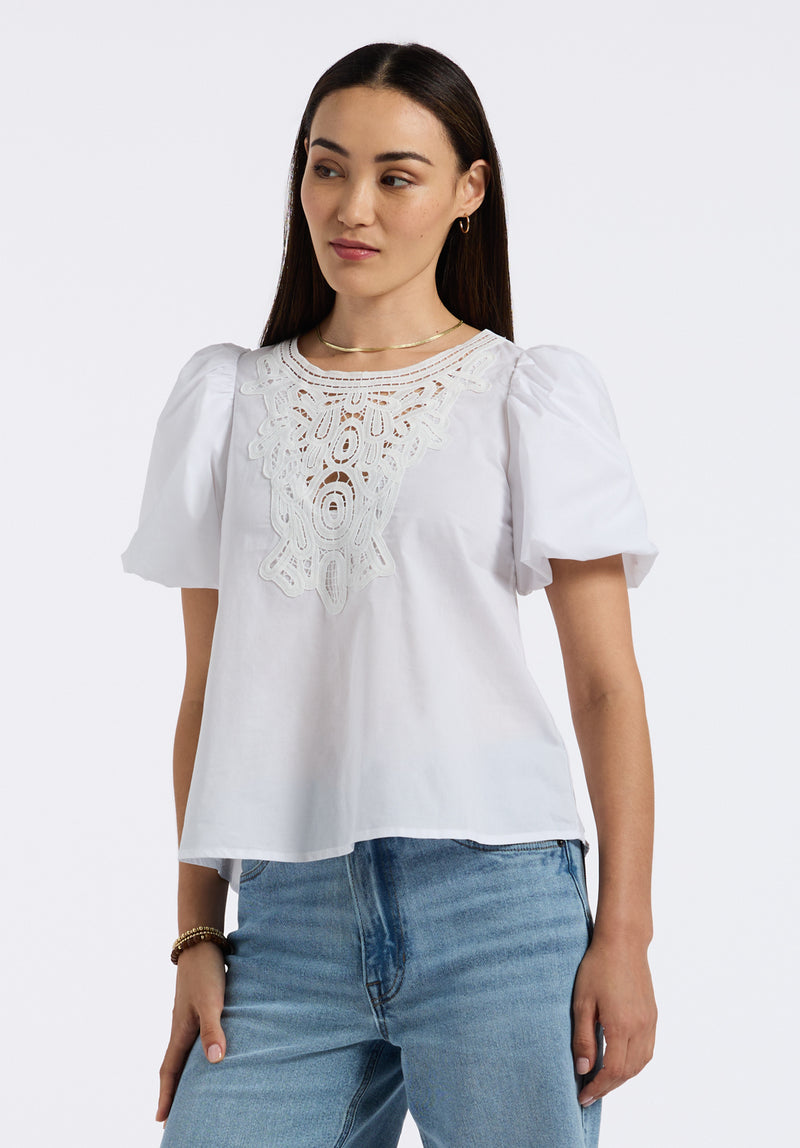 Leonella Women's Puff Sleeve Embroidered Blouse, White - WT0204P