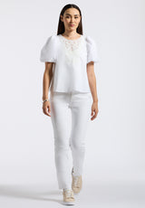 Leonella Women's Puff Sleeve Embroidered Blouse, White - WT0204P