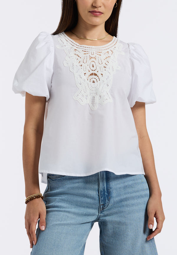 Leonella Women's Puff Sleeve Embroidered Blouse, White - WT0204P